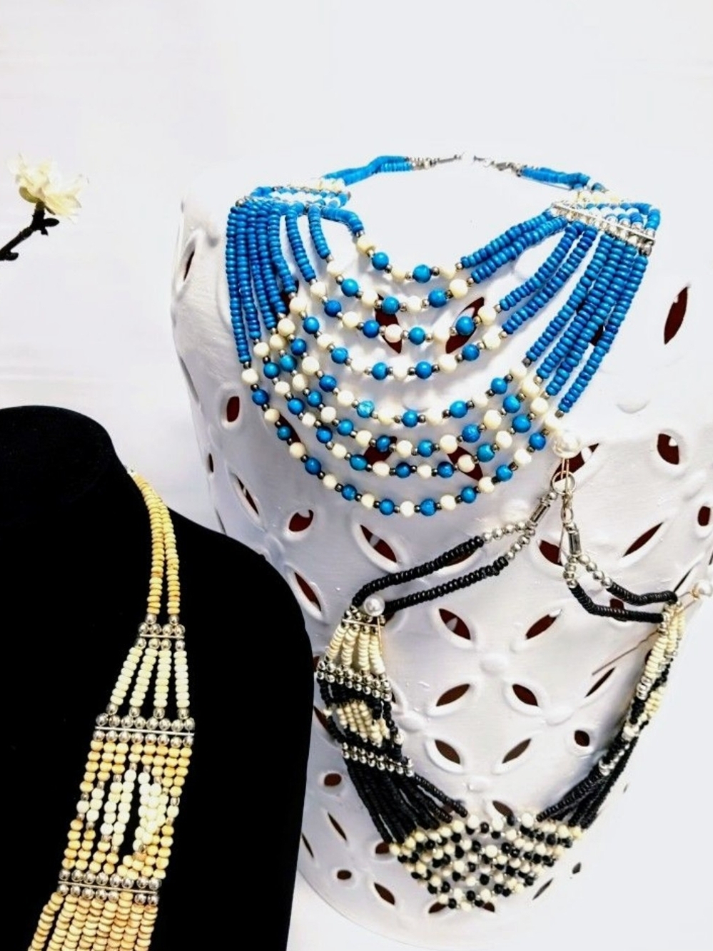Handmade And Crafted Blue Blac Cream Beaded Layered Statement Necklace - Jewelry